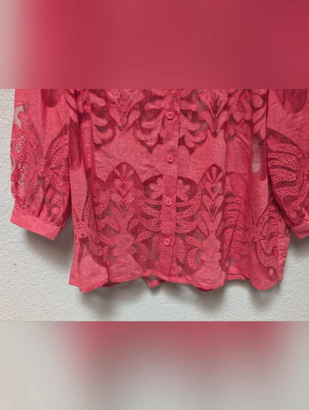 Chico's size 2 (US LG) coral pink button up sheer lace blouse dainty feminine - Picture 6 of 8
